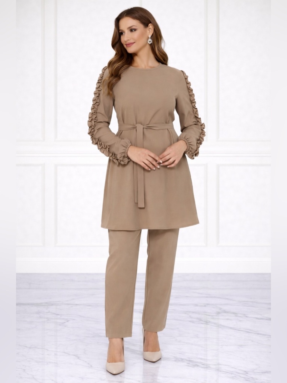 Chic Tan Women's Ruffle Sleeve Jumpsuit